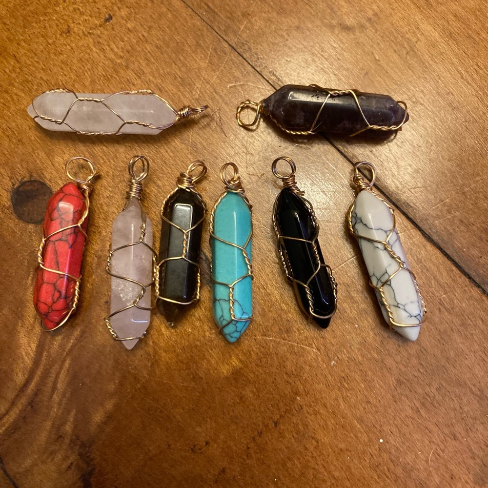 Gold Wire Wrapped  8 Gem Stone Pendant Set